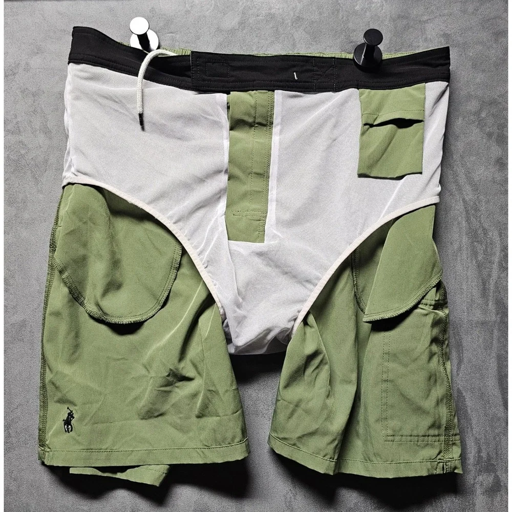 Polo Ralph Lauren‎ Olive Green Cargo Swim Trunks Board Shorts Mens XL Mesh Lined